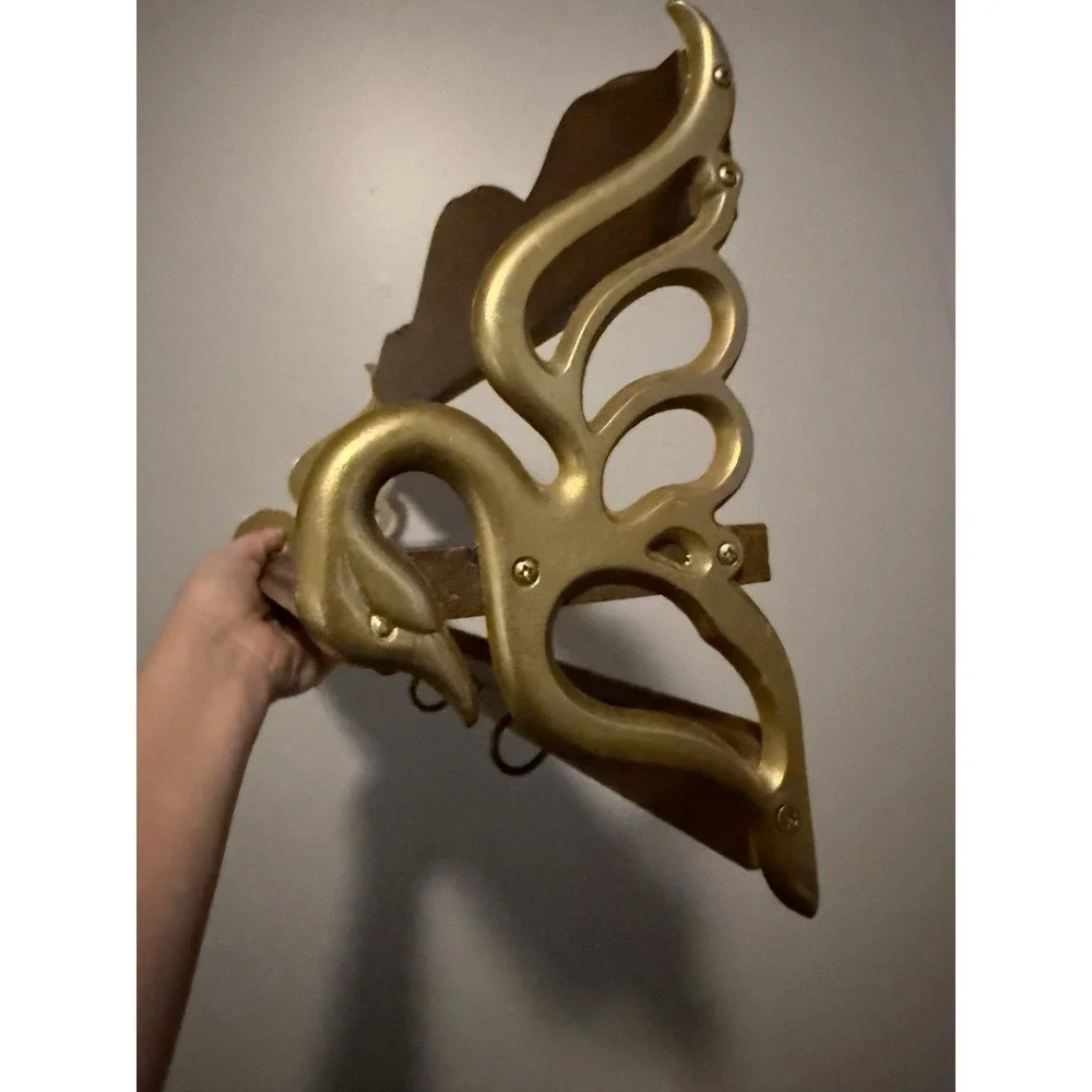 Antique MCM Brass Wood Swan Wall Mount Shelf Coat Rack 3 Hook Rare Style 21